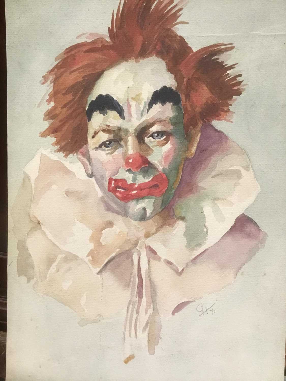 English School, 20th century, watercolour on board, portrait of a clown, signed and dated 71, 25 x