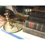 Antique Bibles, Victorian brass candlesticks, copper bed warmer, metalwork and sundries