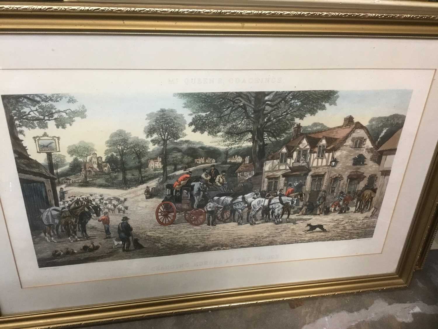 Framed and glazed print by Stock - Changing Horses at the Plough, dated 1882, along with further pic