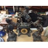Spelter clock and garniture with rearing horse decoration