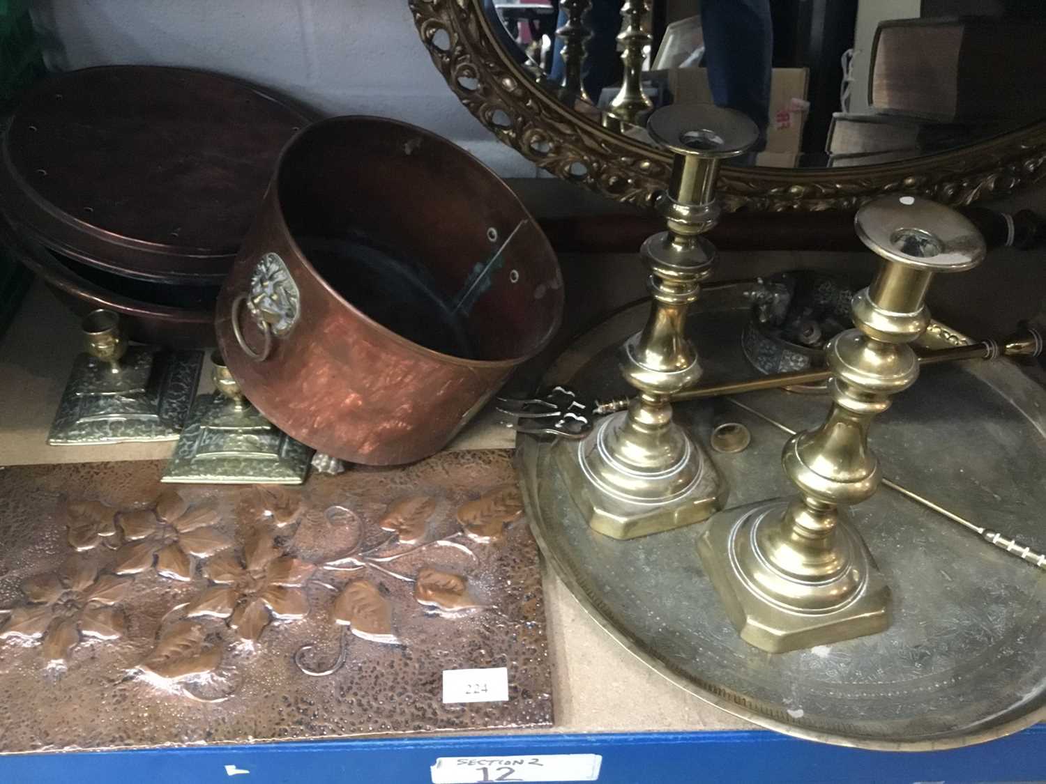 Antique Bibles, Victorian brass candlesticks, copper bed warmer, metalwork and sundries - Image 3 of 4