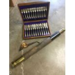 Late 19th / early 20th century telescope together with a carved meerschaum pipe and fish knives and