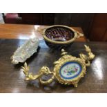 19th century Sevres-style and ormolu clock mount, a champleve enamel dish, and a Bohemian cut glass