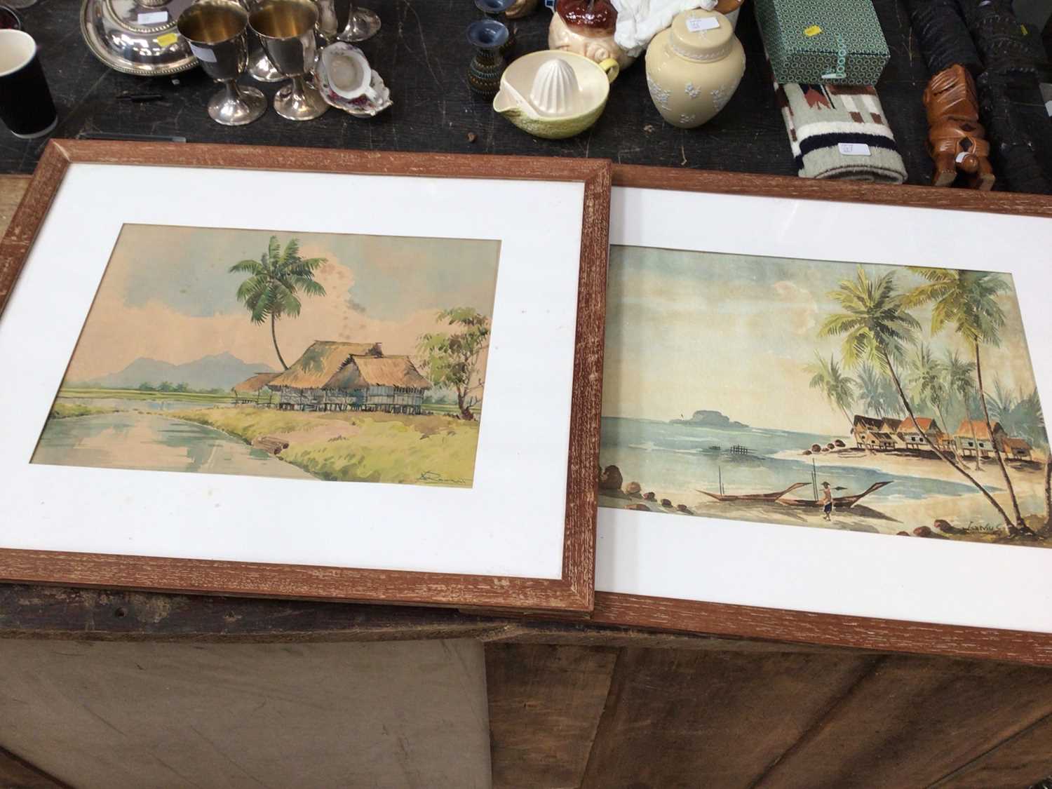 Collection of pictures, including a pair of boat scenes, four tropical watercolours, a political car - Image 2 of 6