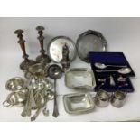 Group of silver plated wares to include pair of 19th Old Sheffield Plated candlesticks, plated cutle