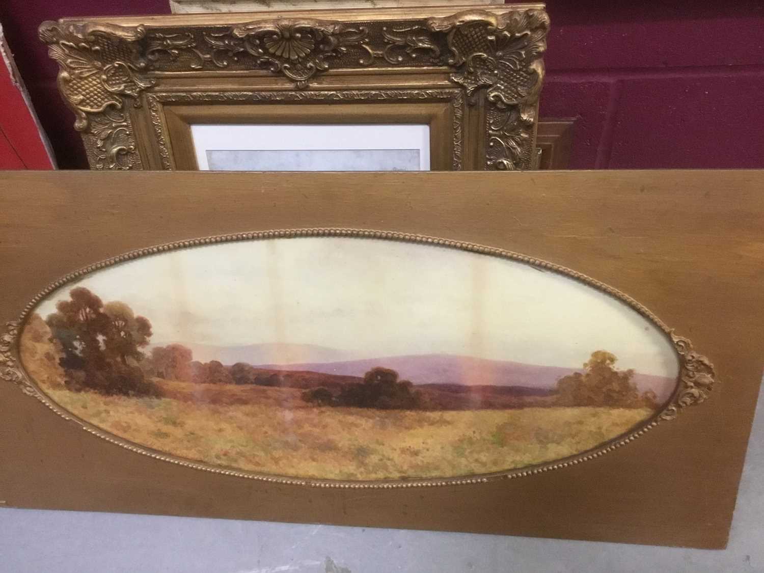 H Sinclair Jackson, watercolour landscape oval, and collection of decorative pictures and prints