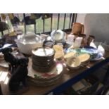 Sundry ceramics, including blu and white transfer ware, dog ornaments, etc