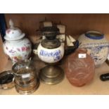 Continental pottery jar, Victorian style advertising oil lamp and other ceramics