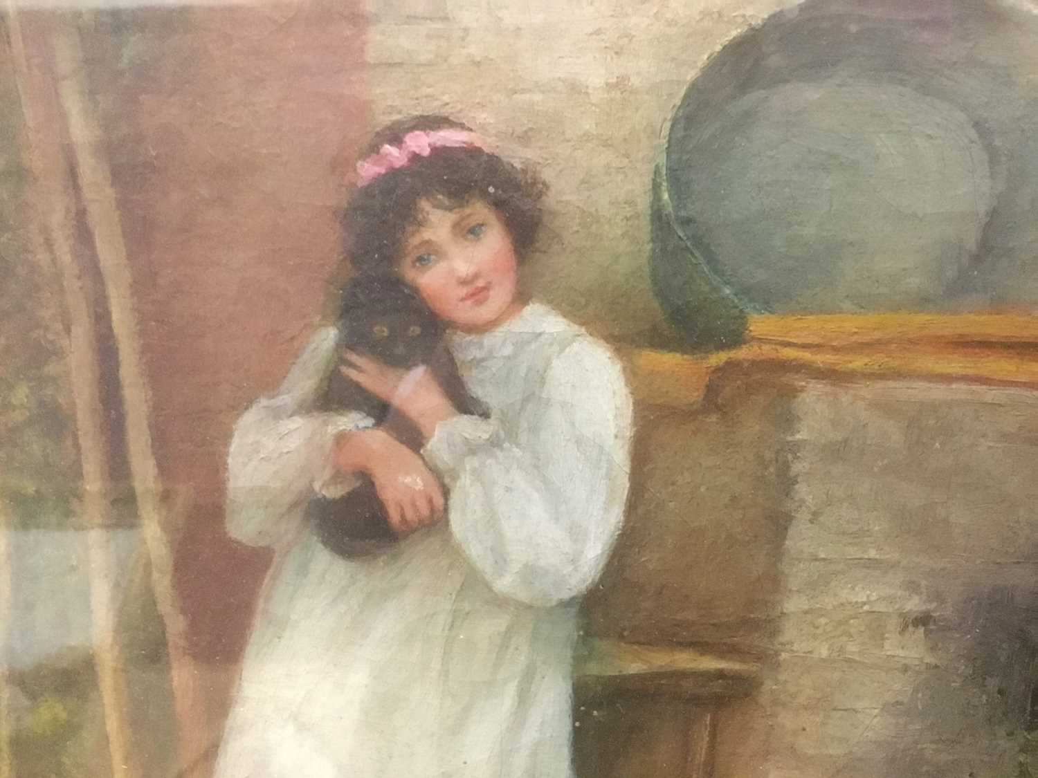 P Smith (early 20th century) oil on canvas, girl with cat - Image 2 of 6