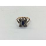 1920s sapphire and diamond dress ring in silver setting on 9ct gold shank