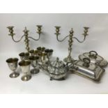Victorian silver plated melon shape teapot, two Edwardian silver plated entre dishes and covers, pai