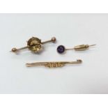Two 9ct gold bar brooches and Masonic 9ct gold enamel stickpin