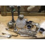 Large silver topped scent bottle, various other silver including cutlery, tea strainer, cruet set, m