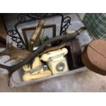 Two vintage cream plastic telephones, leather collar box, stag antlers and sundries