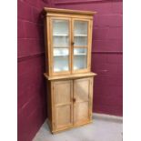 Victorian pine two height kitchen dresser with two glazed doors and two panelled doors below