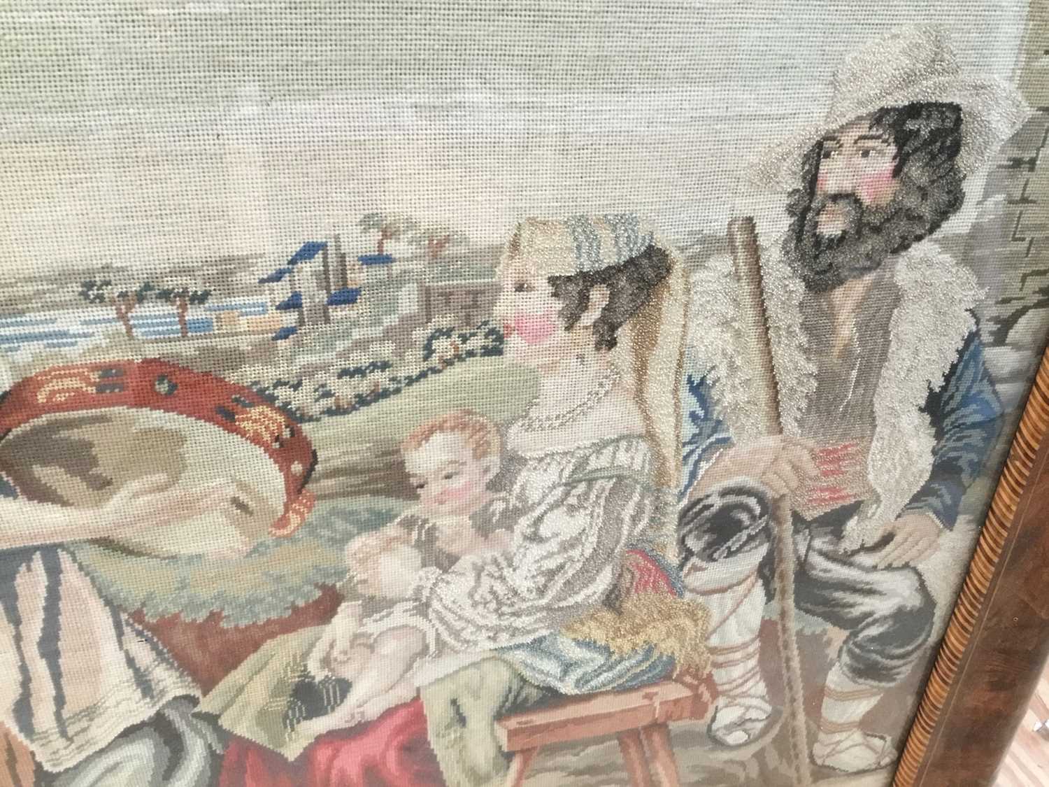 Antique needlework panel depicting a family group being entertained by a musician, 66cm x 60cm, in m - Image 4 of 6