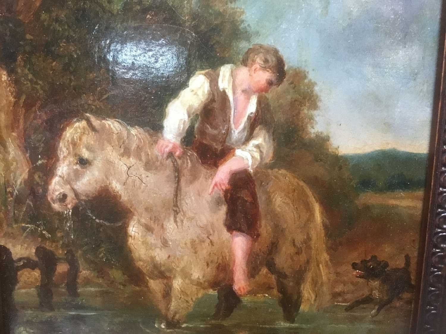 English School 19th Century A boy on his pony with his dog in a stream, oil on board, in painted fra - Image 11 of 12