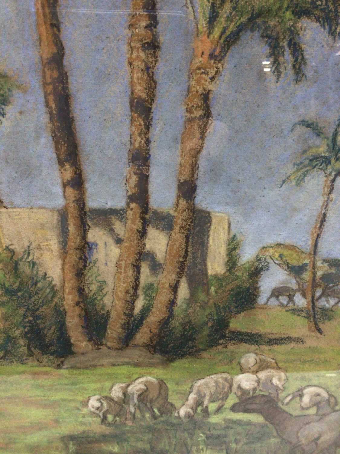 19th century pastels, Animals at Oasis, signed with monogram