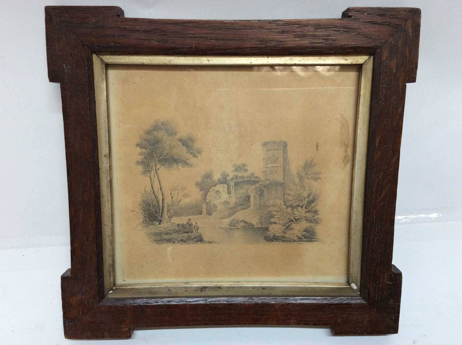 Early 19th century English School pencil drawing - Church Ruins beside a lake, in oak frame, 15cm x