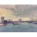 English School 20th century, oil on canvas - London Dockland scene, signed JB, framed