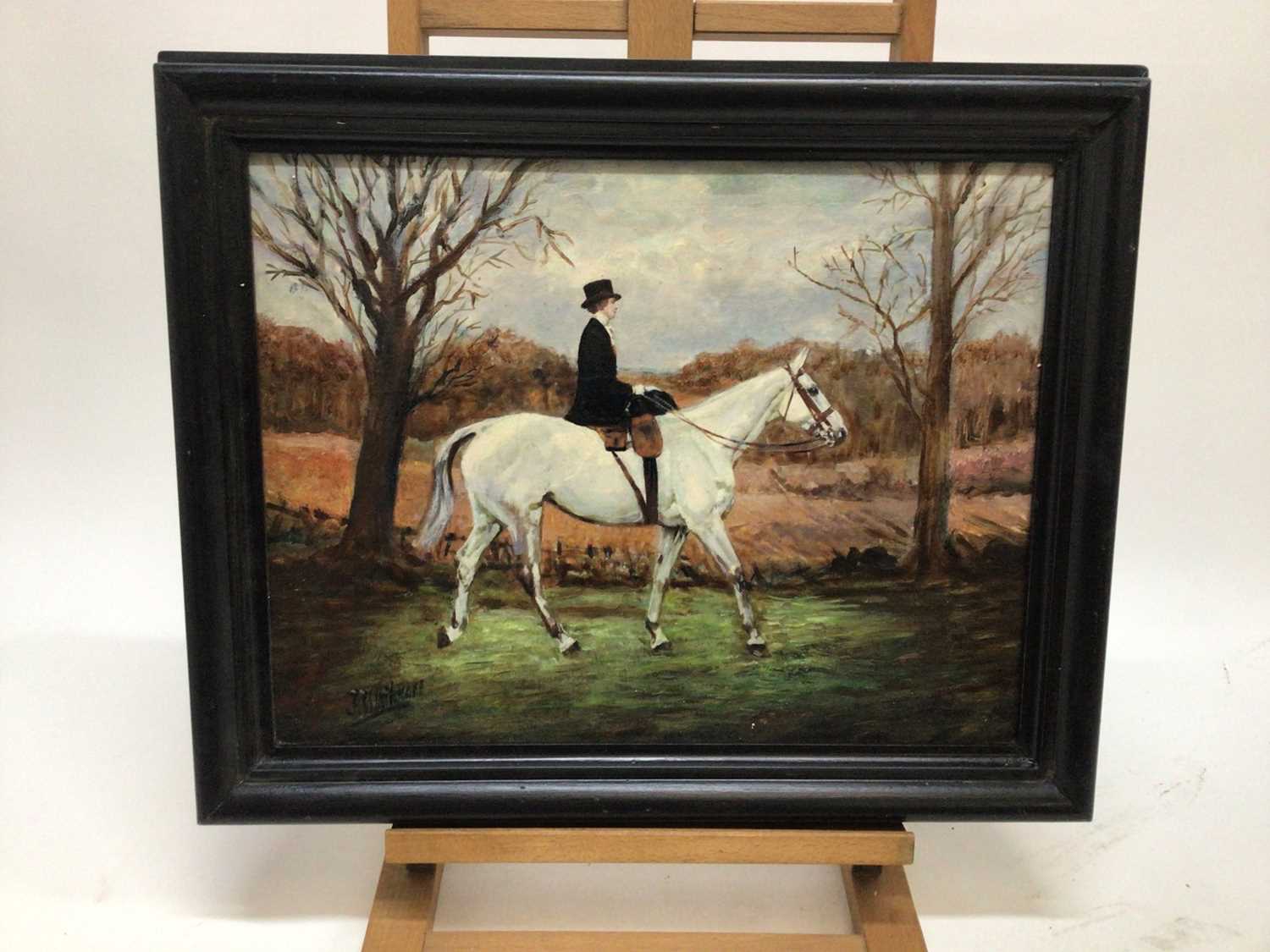 J. Whitmore early 20th Century, oil on canvas, A lady riding side-saddle on a grey hunter, signed. 3 - Image 2 of 4