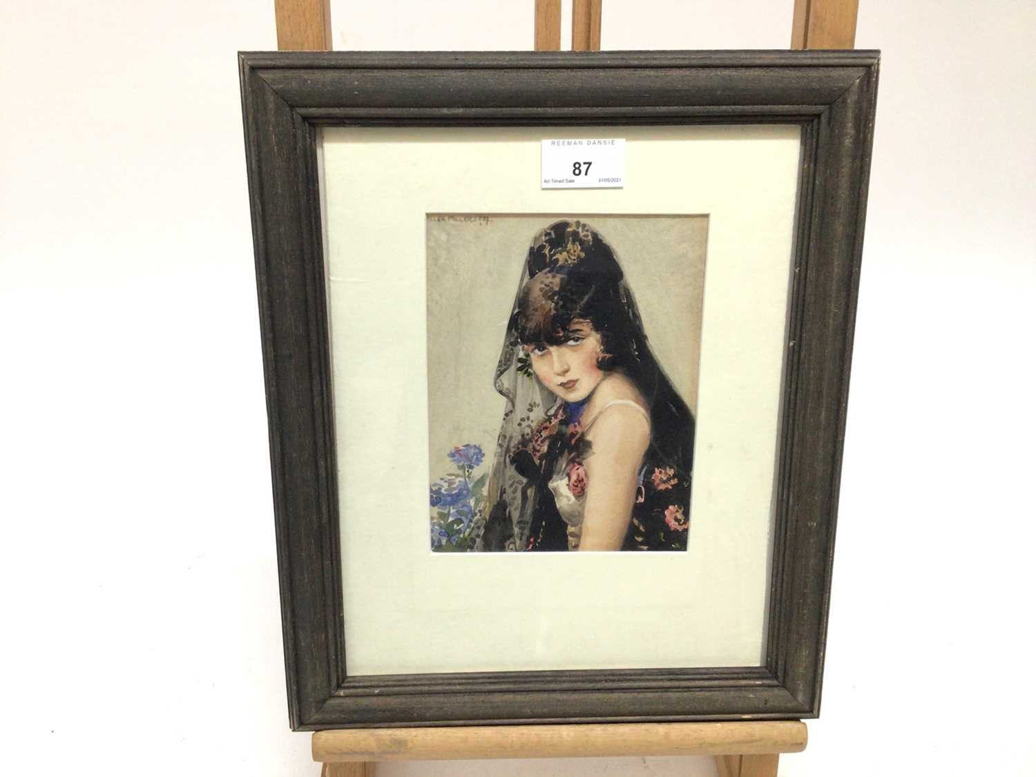 James Miller Miller (1914-2001), watercolour, A pretty senorita, signed and dated 1937, in a painted - Image 2 of 6