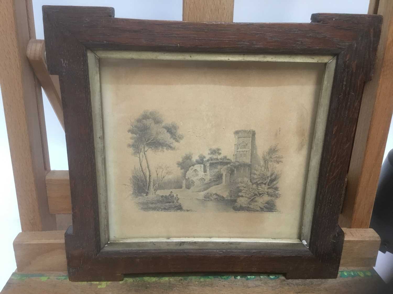 Early 19th century English School pencil drawing - Church Ruins beside a lake, in oak frame, 15cm x - Image 9 of 10