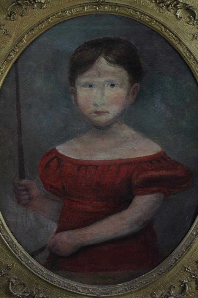 English School, early 19th century, oval oil on canvas - portrait of a child, 56cm x 46cm, in good g