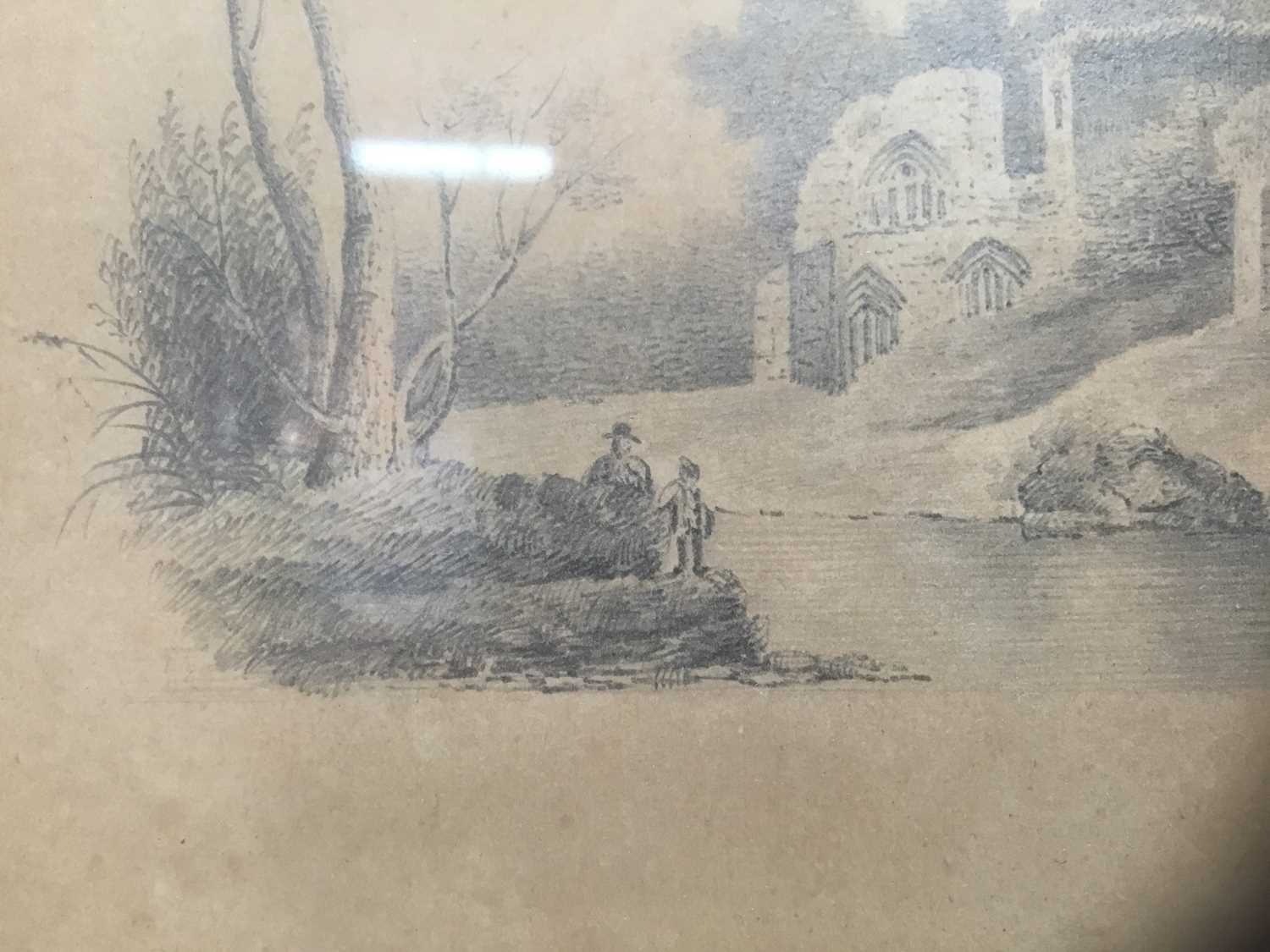 Early 19th century English School pencil drawing - Church Ruins beside a lake, in oak frame, 15cm x - Image 5 of 10