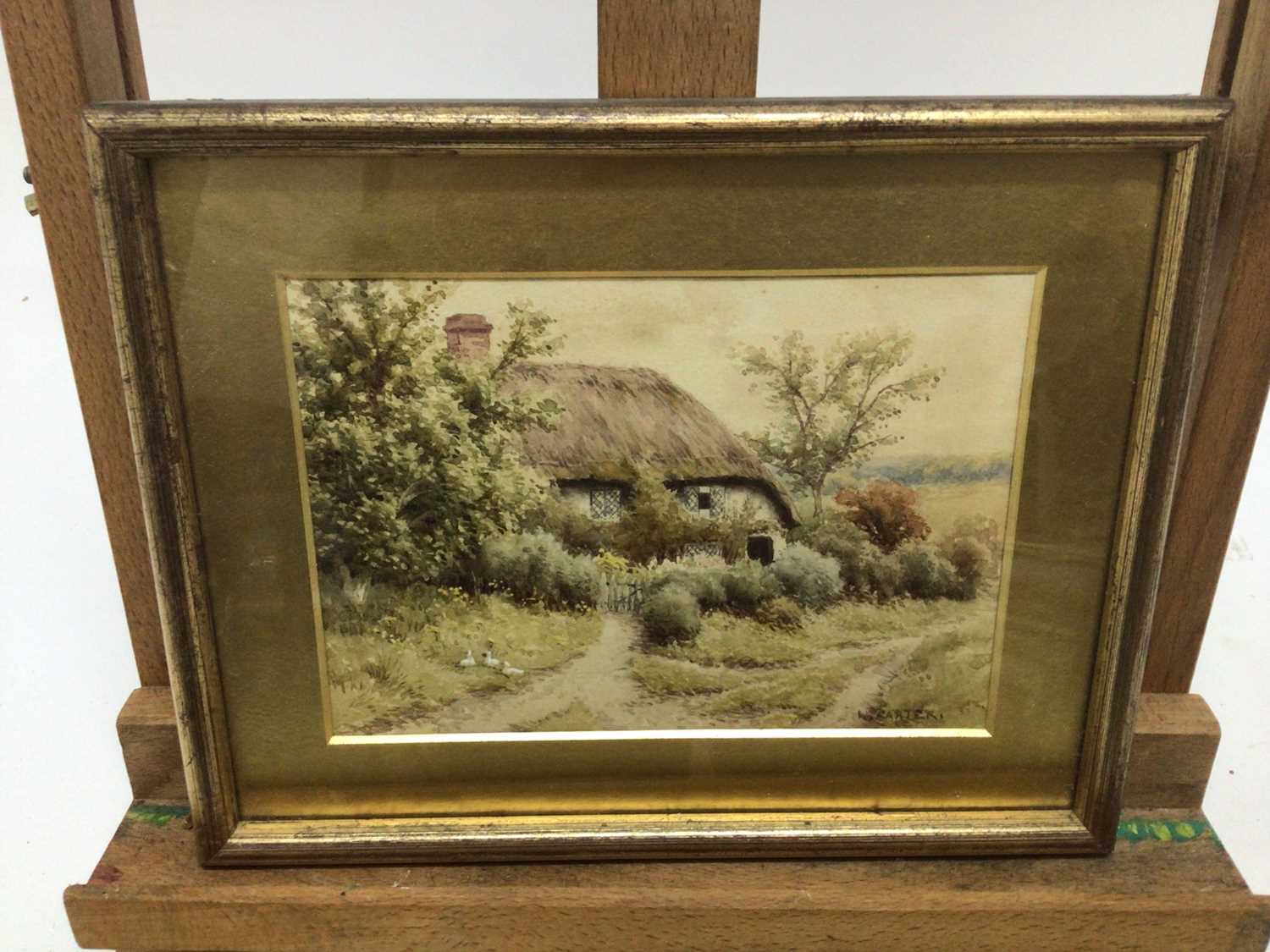 W Carter, pair watercolours, A cottage garden with a woman holding a basket, signed lower left, and - Image 4 of 6