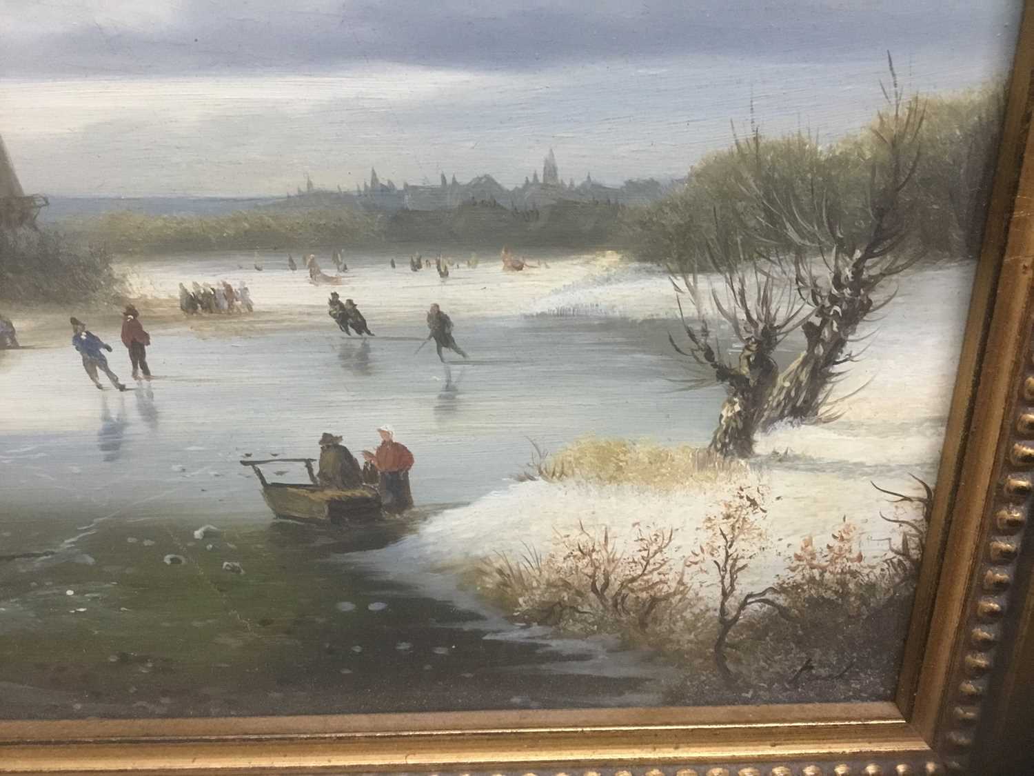 P. Rush, 20th century, oil on panel - Dutch winter landscape with figures on a frozen lake, signed, - Image 3 of 8