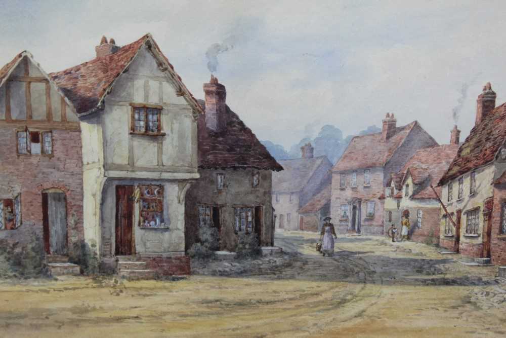 English School, 19th century, watercolour - a village street, signed with initials F.L.B., in glazed