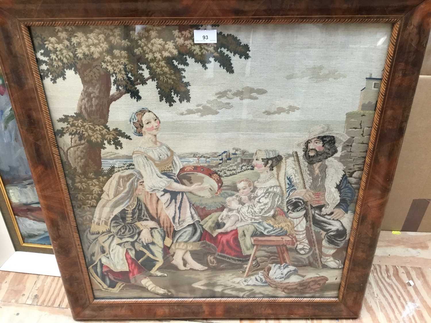 Antique needlework panel depicting a family group being entertained by a musician, 66cm x 60cm, in m - Image 2 of 6