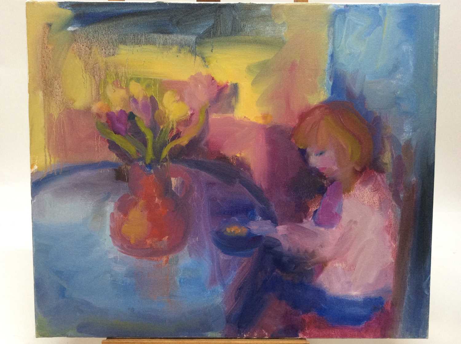 Annelise Firth (b.1961) oil on canvas - Pink Tulips, signed and dated verso, 50cm x 60cm