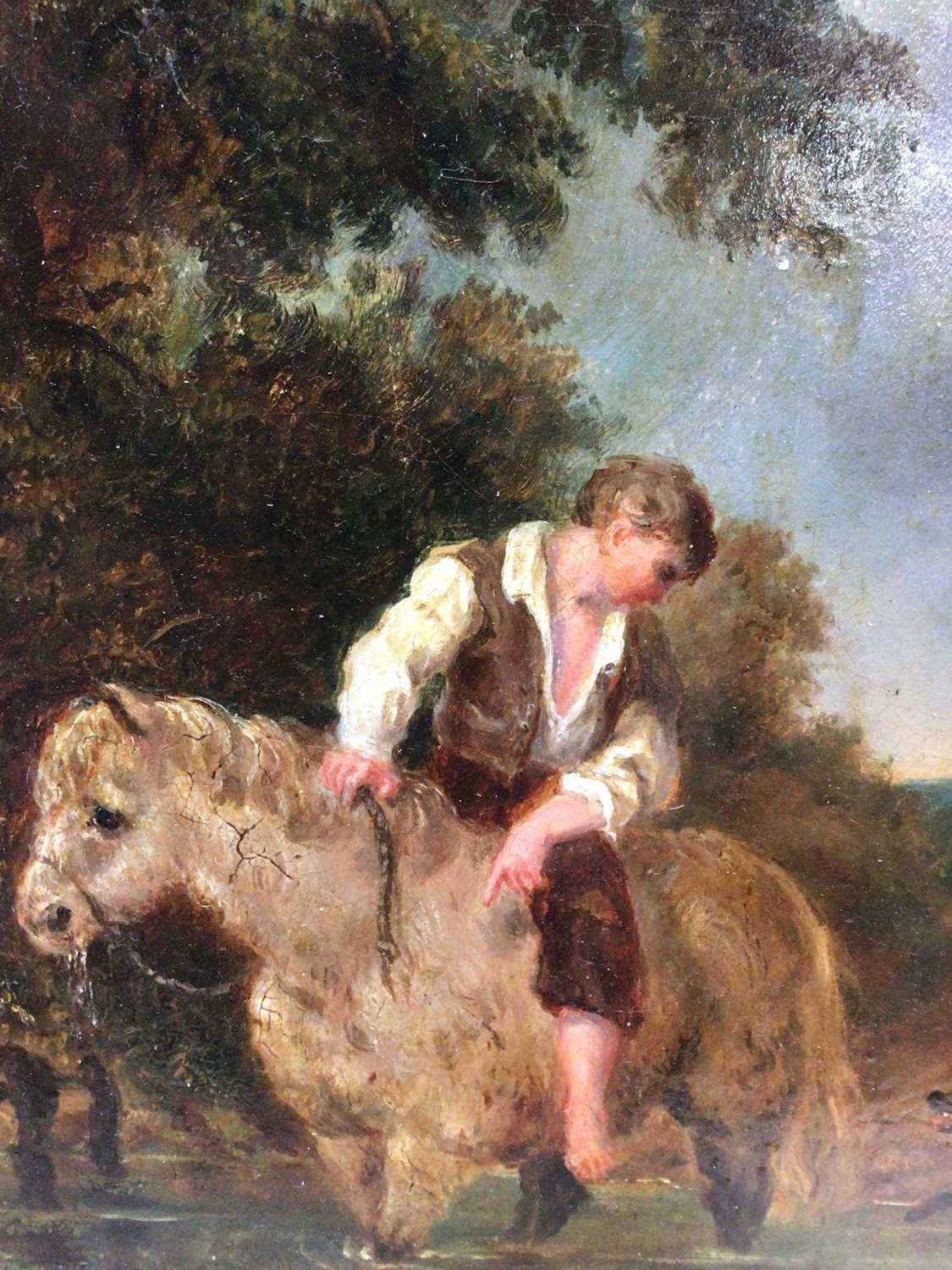 English School 19th Century A boy on his pony with his dog in a stream, oil on board, in painted fra