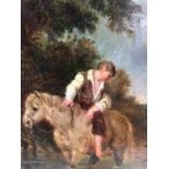 English School 19th Century A boy on his pony with his dog in a stream, oil on board, in painted fra