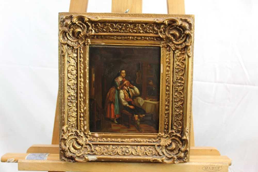 Pair 19th century Continental School oils on tin panels - a piper and figures in an interior, 20cm x - Image 2 of 10