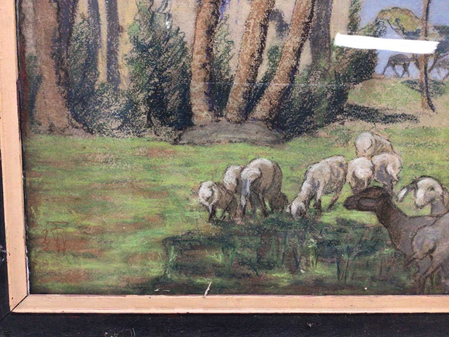 19th century pastels, Animals at Oasis, signed with monogram - Image 3 of 7