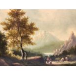 Swiss School 19th Century, Figures in a mountainous landscape, oil on board, in gilt frame. 19 x 24c