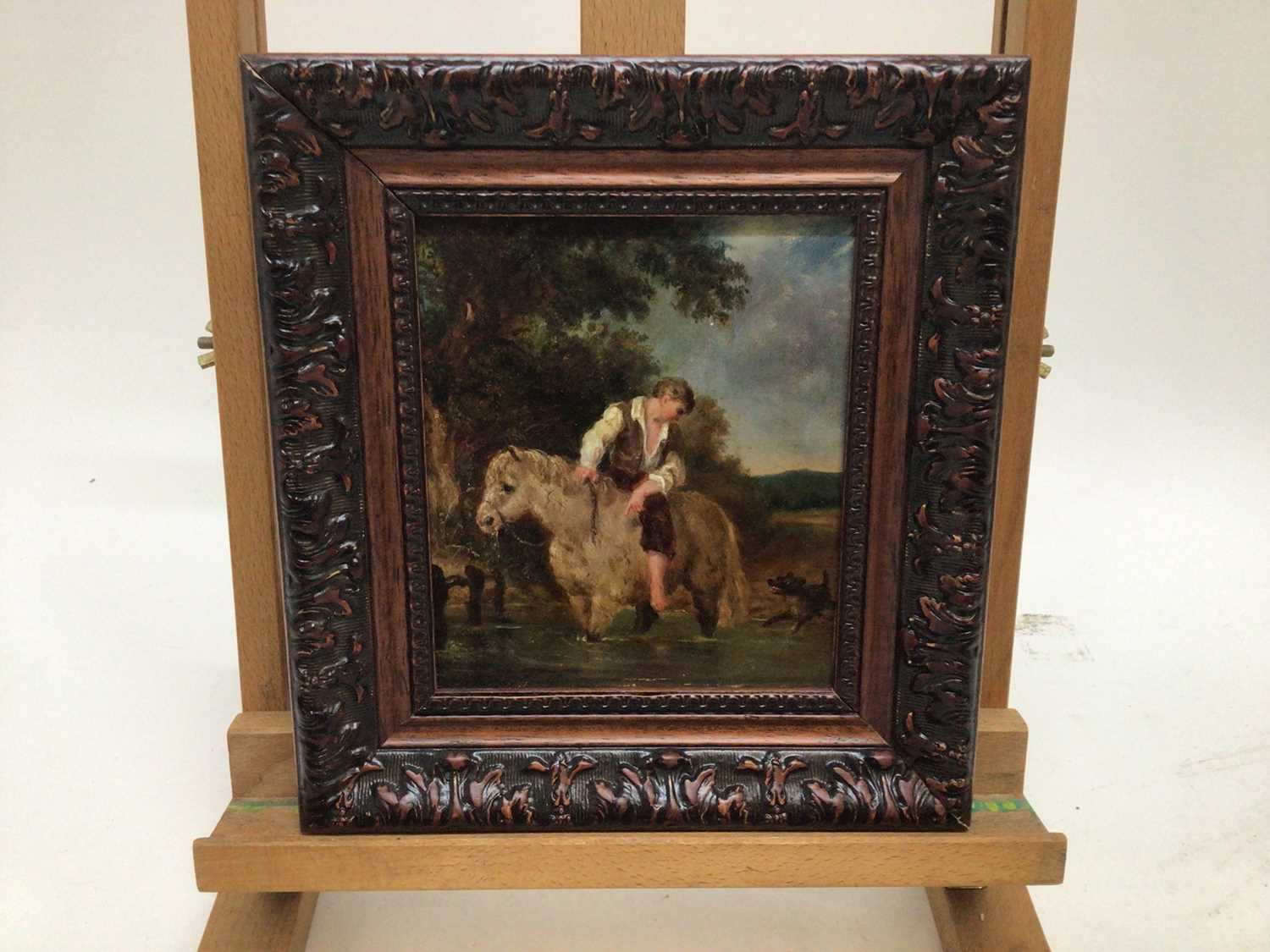 English School 19th Century A boy on his pony with his dog in a stream, oil on board, in painted fra - Image 2 of 12