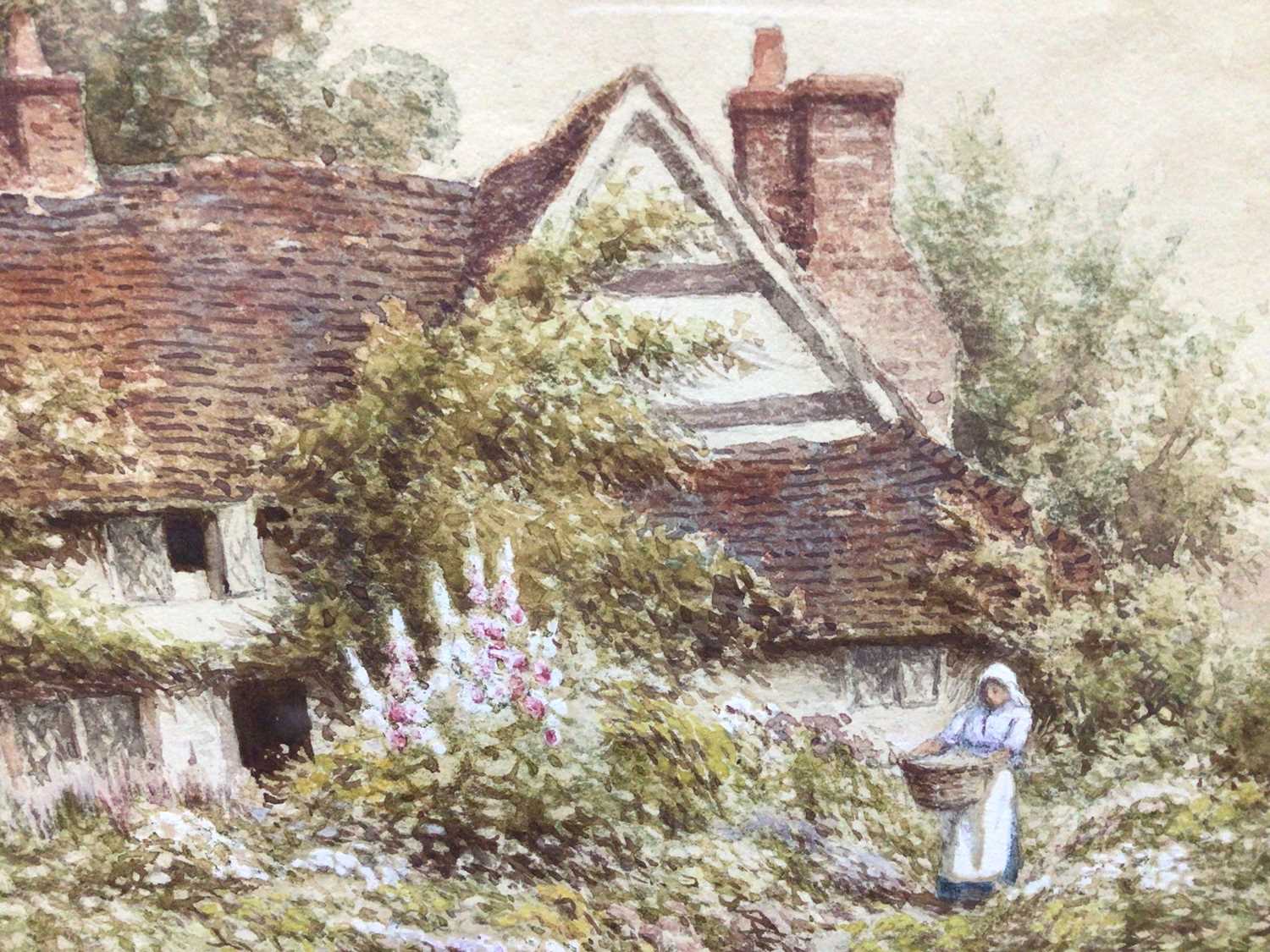 W Carter, pair watercolours, A cottage garden with a woman holding a basket, signed lower left, and