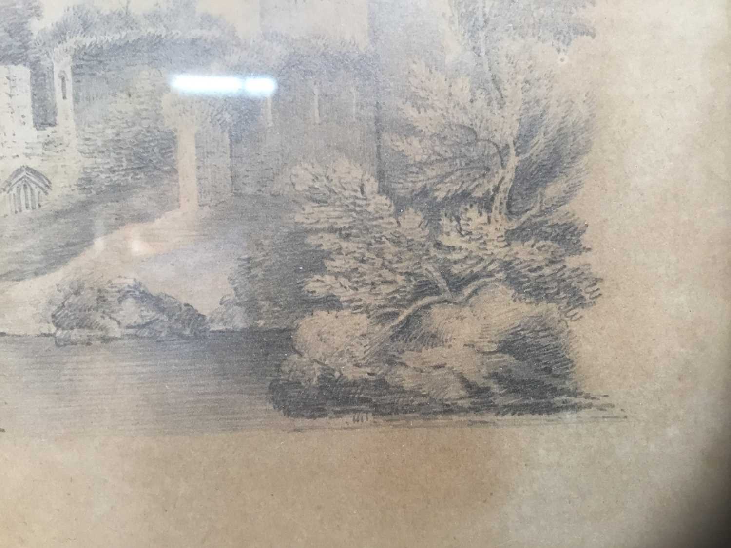 Early 19th century English School pencil drawing - Church Ruins beside a lake, in oak frame, 15cm x - Image 6 of 10