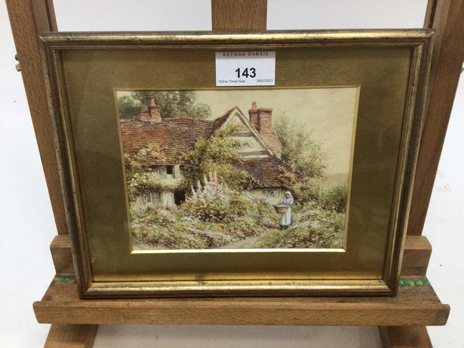 W Carter, pair watercolours, A cottage garden with a woman holding a basket, signed lower left, and - Image 2 of 6