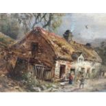 William E. Ellis 1869 - 1923, oil on canvas laid on board, A Welsh scene with figures by a cottage,