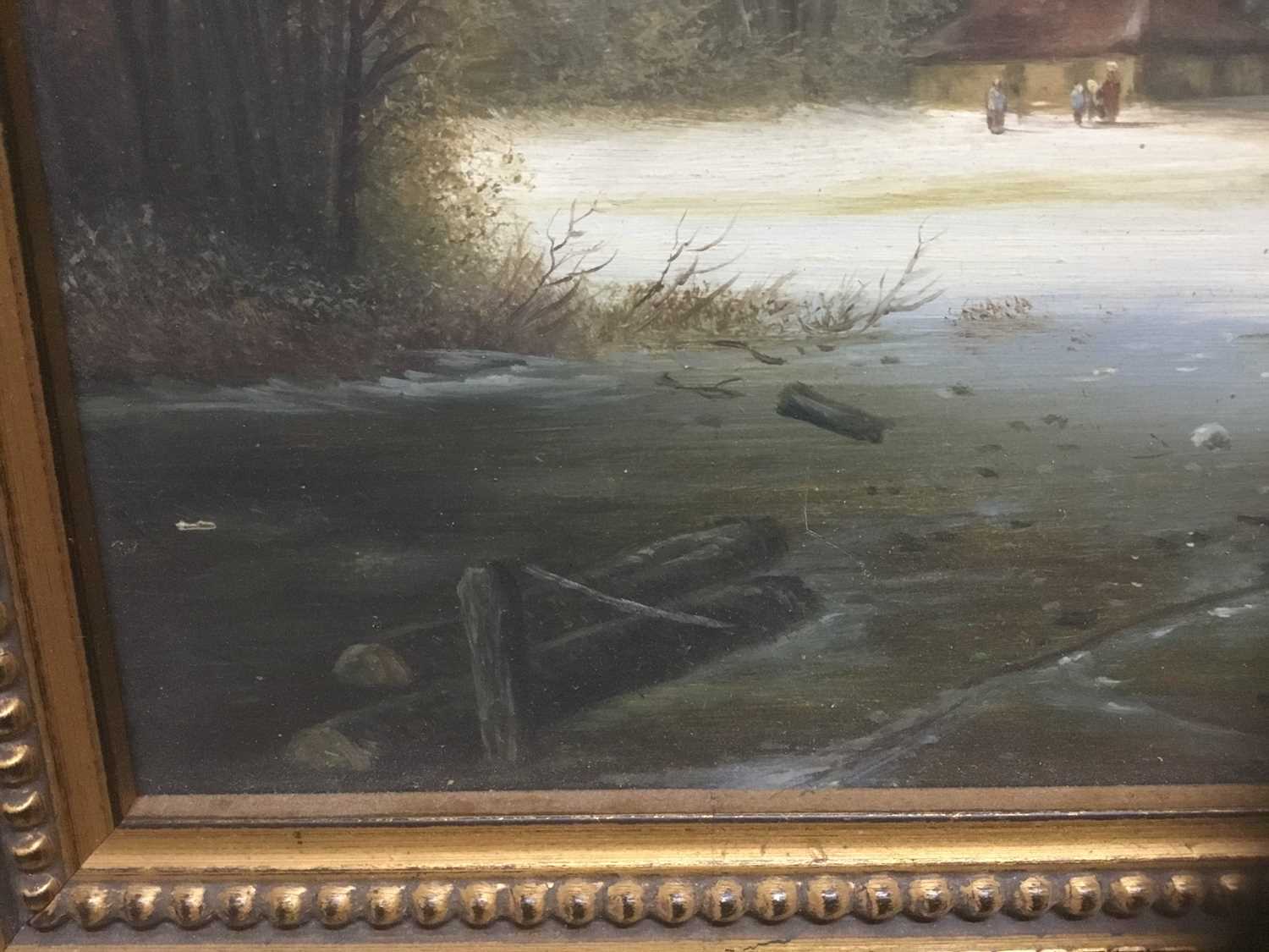 P. Rush, 20th century, oil on panel - Dutch winter landscape with figures on a frozen lake, signed, - Image 4 of 8