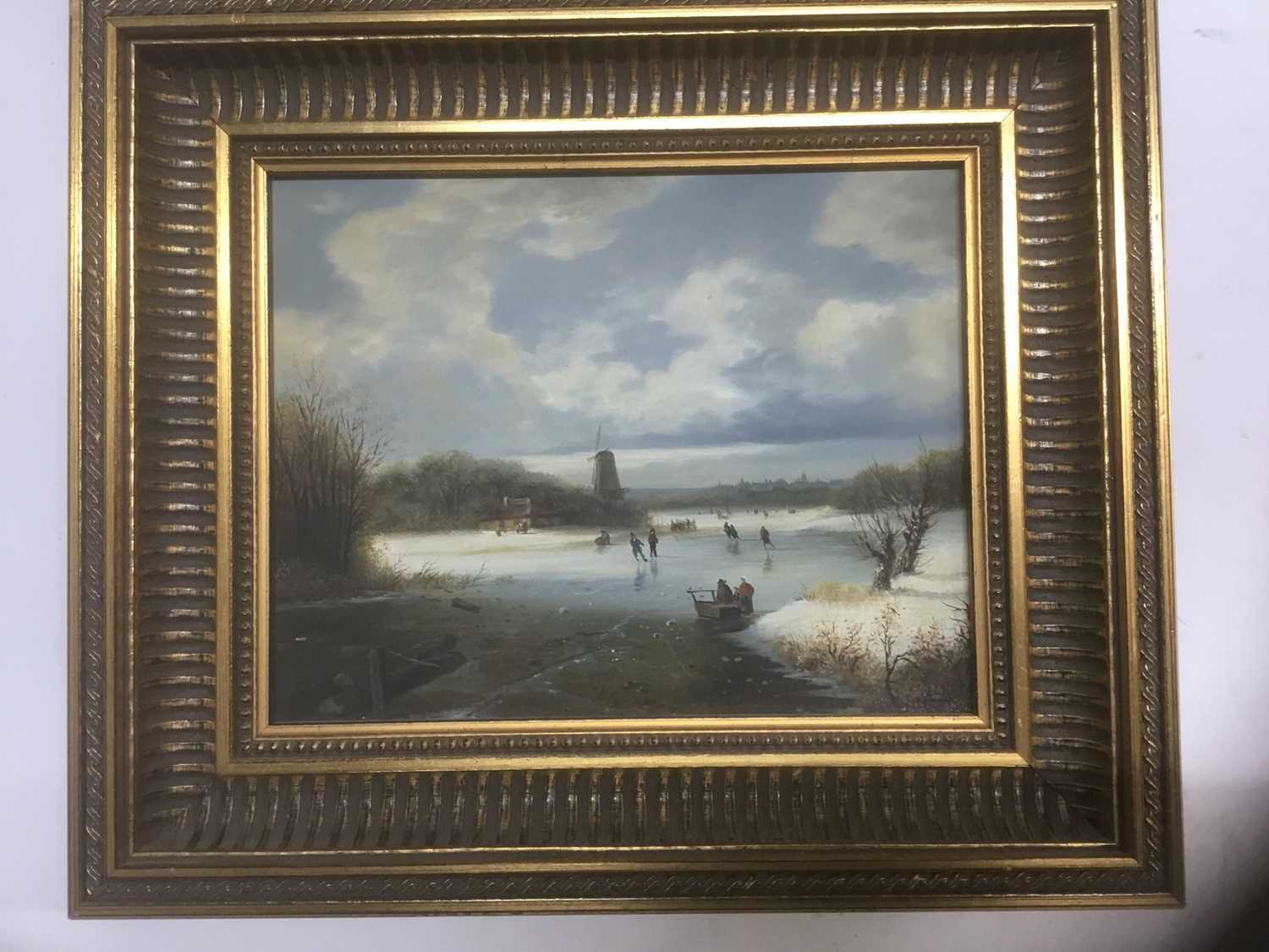 P. Rush, 20th century, oil on panel - Dutch winter landscape with figures on a frozen lake, signed, - Image 2 of 8