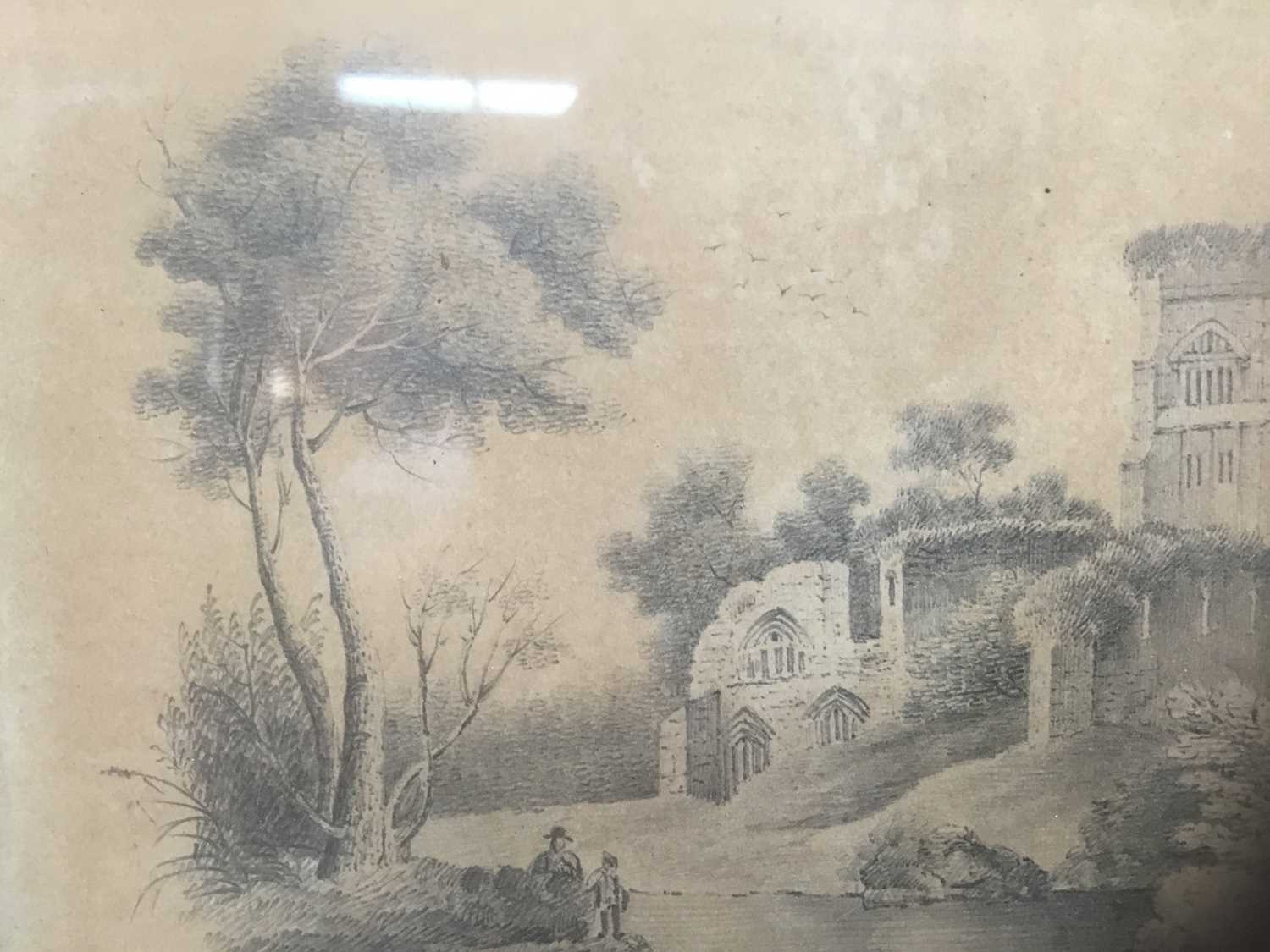 Early 19th century English School pencil drawing - Church Ruins beside a lake, in oak frame, 15cm x - Image 4 of 10