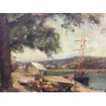 Manner of Harold Harvey oil on canvas, Harbout scene