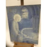 Late Victorian Pre-Raphaelite watercolour - religious figure in blue, unframed, 56cm x 45cm