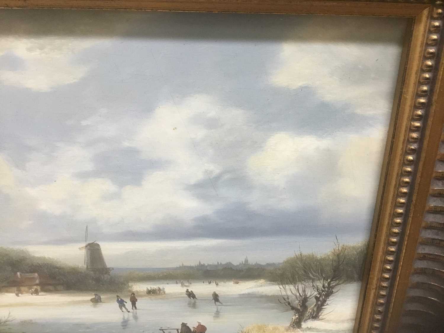 P. Rush, 20th century, oil on panel - Dutch winter landscape with figures on a frozen lake, signed, - Image 6 of 8